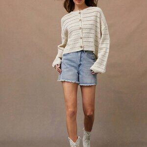 Apricot Casual Women's Crochet Open Knit Button Front Crewneck Cardigan Sweater